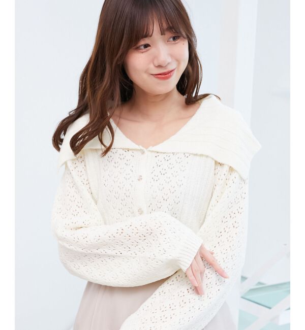  「ビッグカラー透かしニットカーデ」|カーディガン|