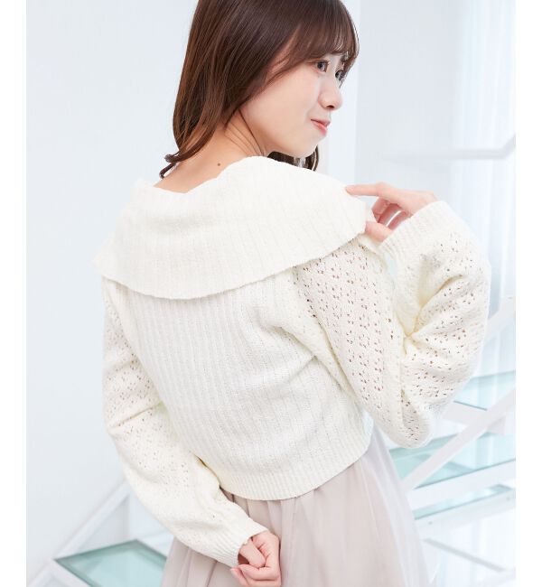  「ビッグカラー透かしニットカーデ」|カーディガン|