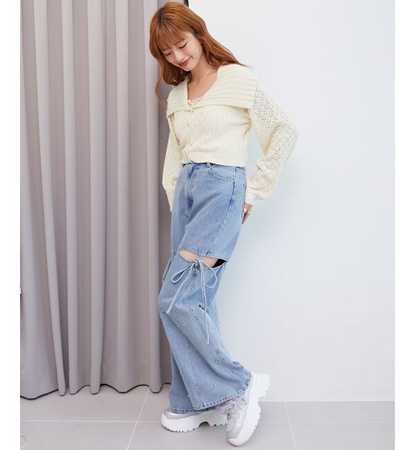  「ビッグカラー透かしニットカーデ」|カーディガン|