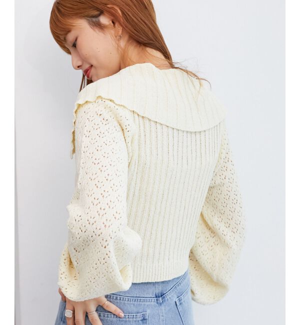  「ビッグカラー透かしニットカーデ」|カーディガン|