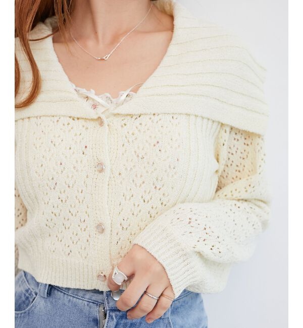  「ビッグカラー透かしニットカーデ」|カーディガン|