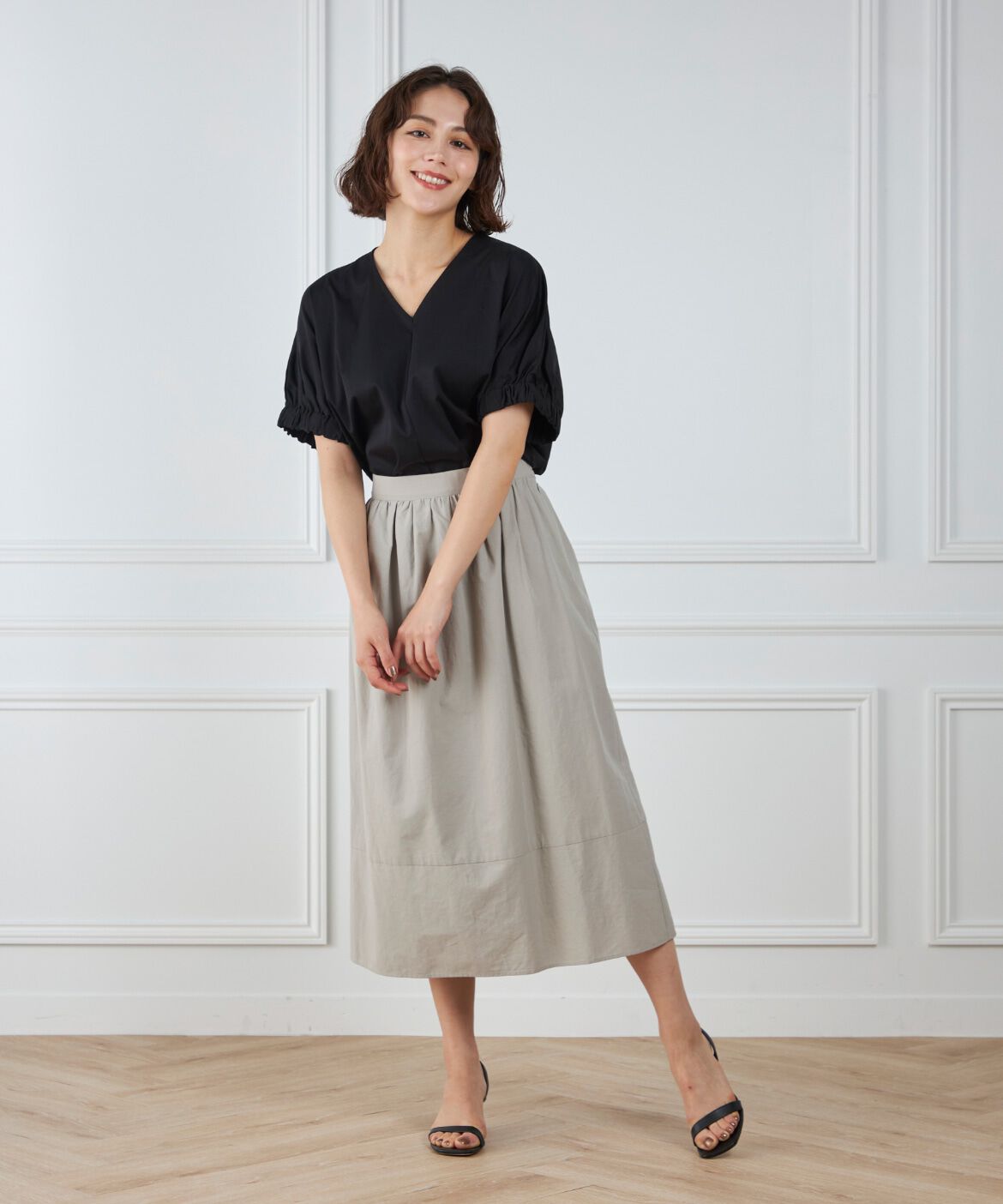 7-IDconcept.「《大きいサイズ》切り替えギャザースカート」|フレア|