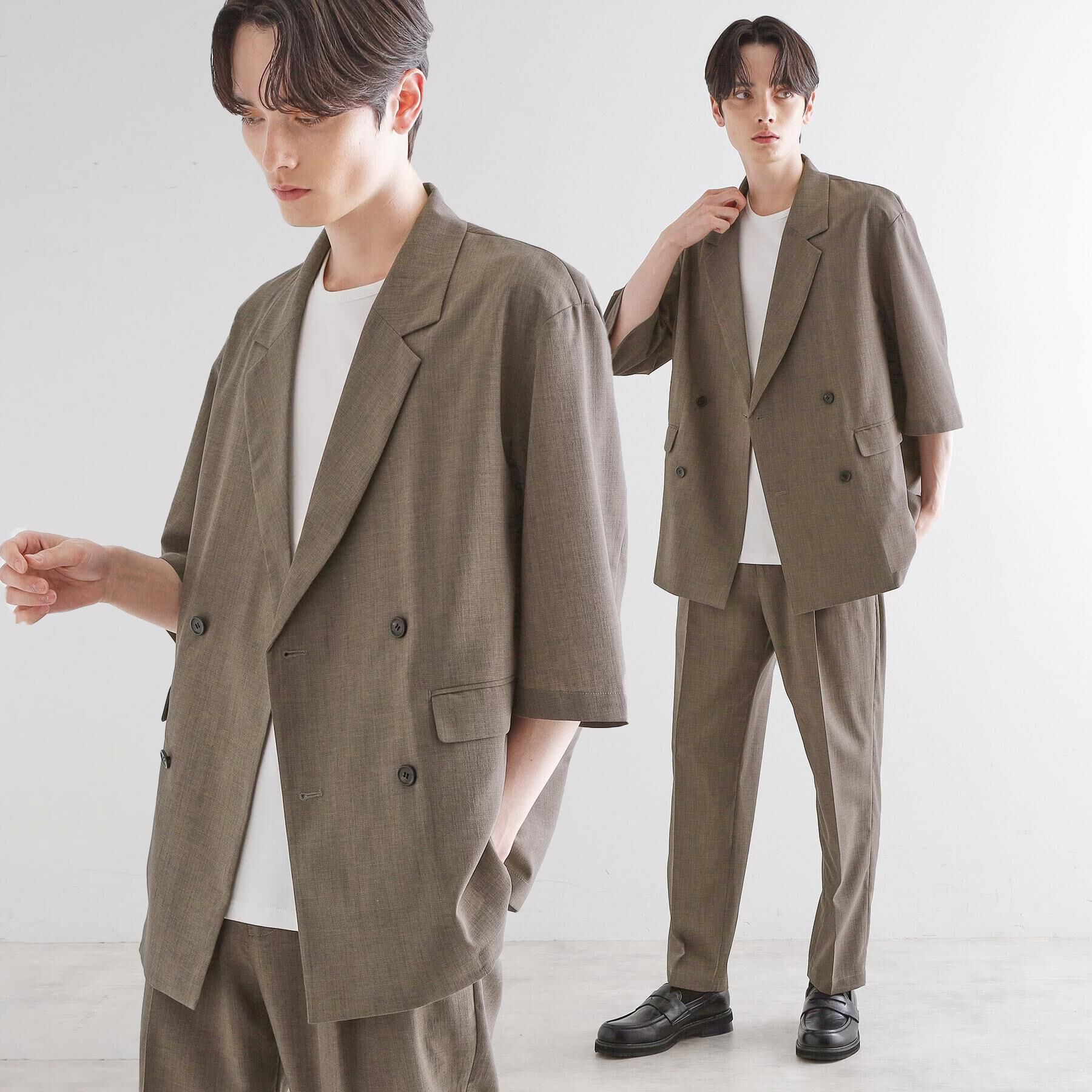 tk.TAKEO KIKUCHI「【セットアップ 2点セット】ダブルテーラード半袖ジャケット＋スラックス」|スーツ|グレージュ(050)