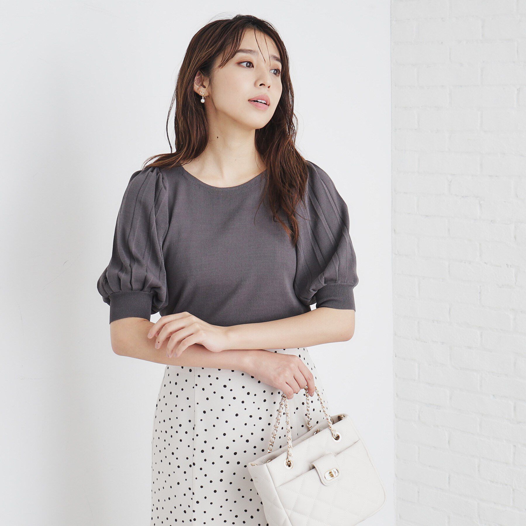 index「《S-LLsize/6color》ドライタッチ プリーツスリーブニット【洗濯機洗い可/抗ピル/接触冷」|ニット・セーター|