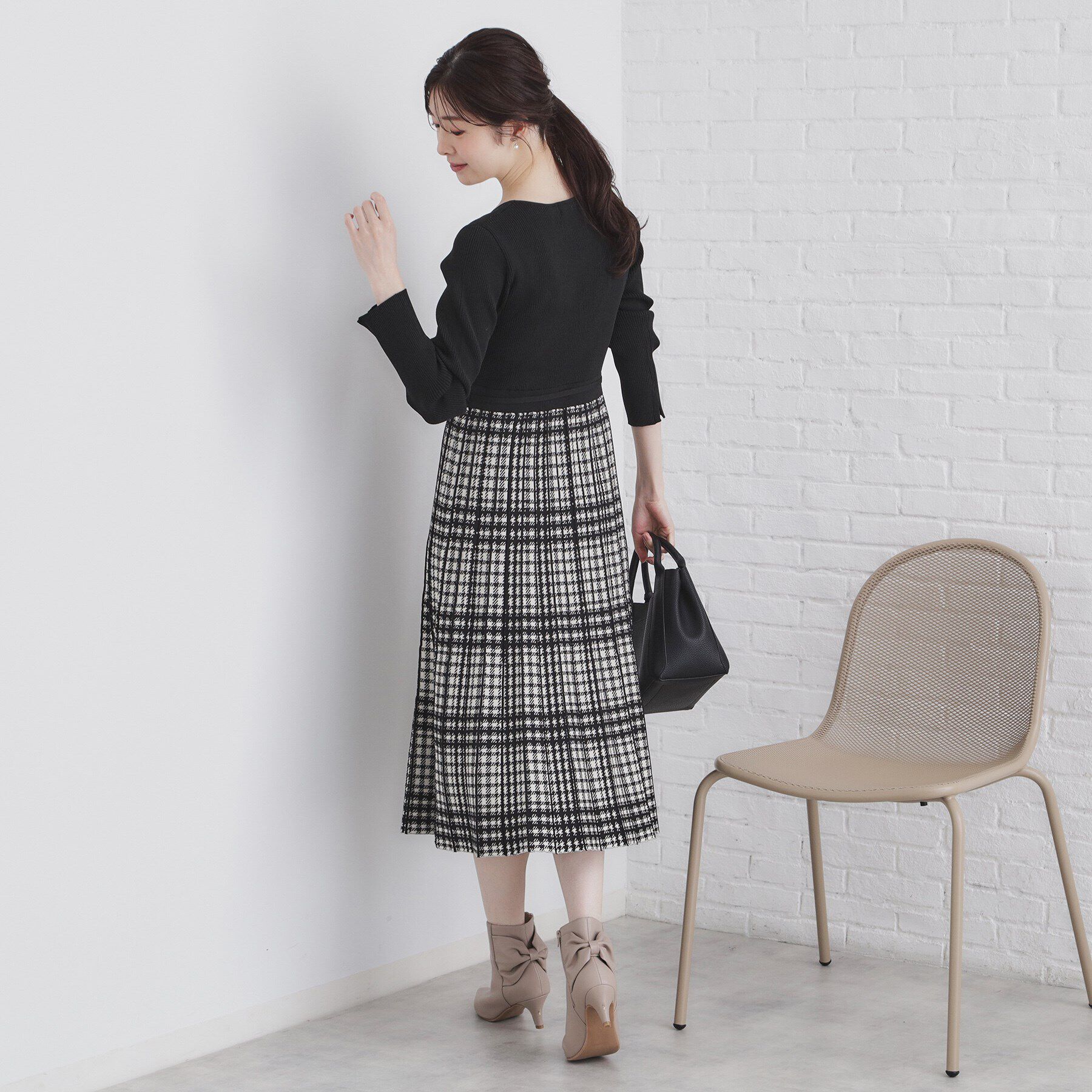 index「チェックプリーツ風ニットワンピース【洗濯機洗い可/抗ピル】」|ワンピース|