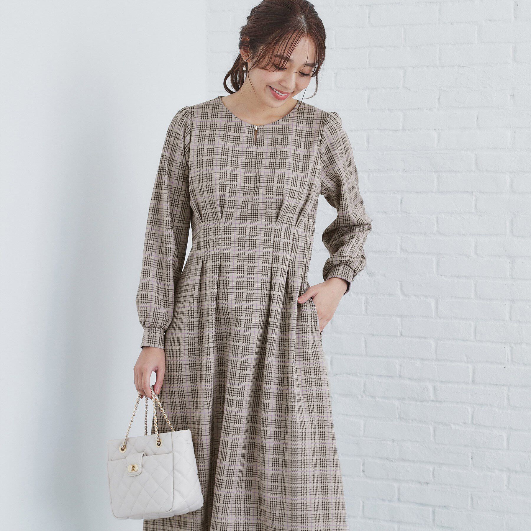 index「《S-LLsize》ストレッチチェックジャカードワンピース【洗濯機洗い可/抗ピル】」|ワンピース|ベージュ(252)