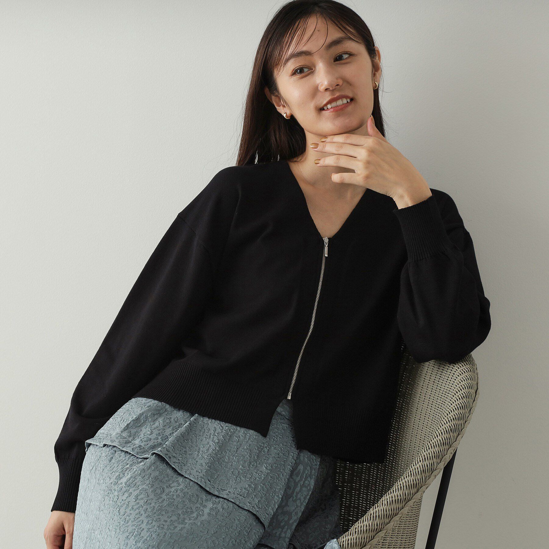 OPAQUE.CLIP「フロントZIPニットカーディガン【洗濯機洗い可／抗ピル】」|カーディガン|ブラック(019)