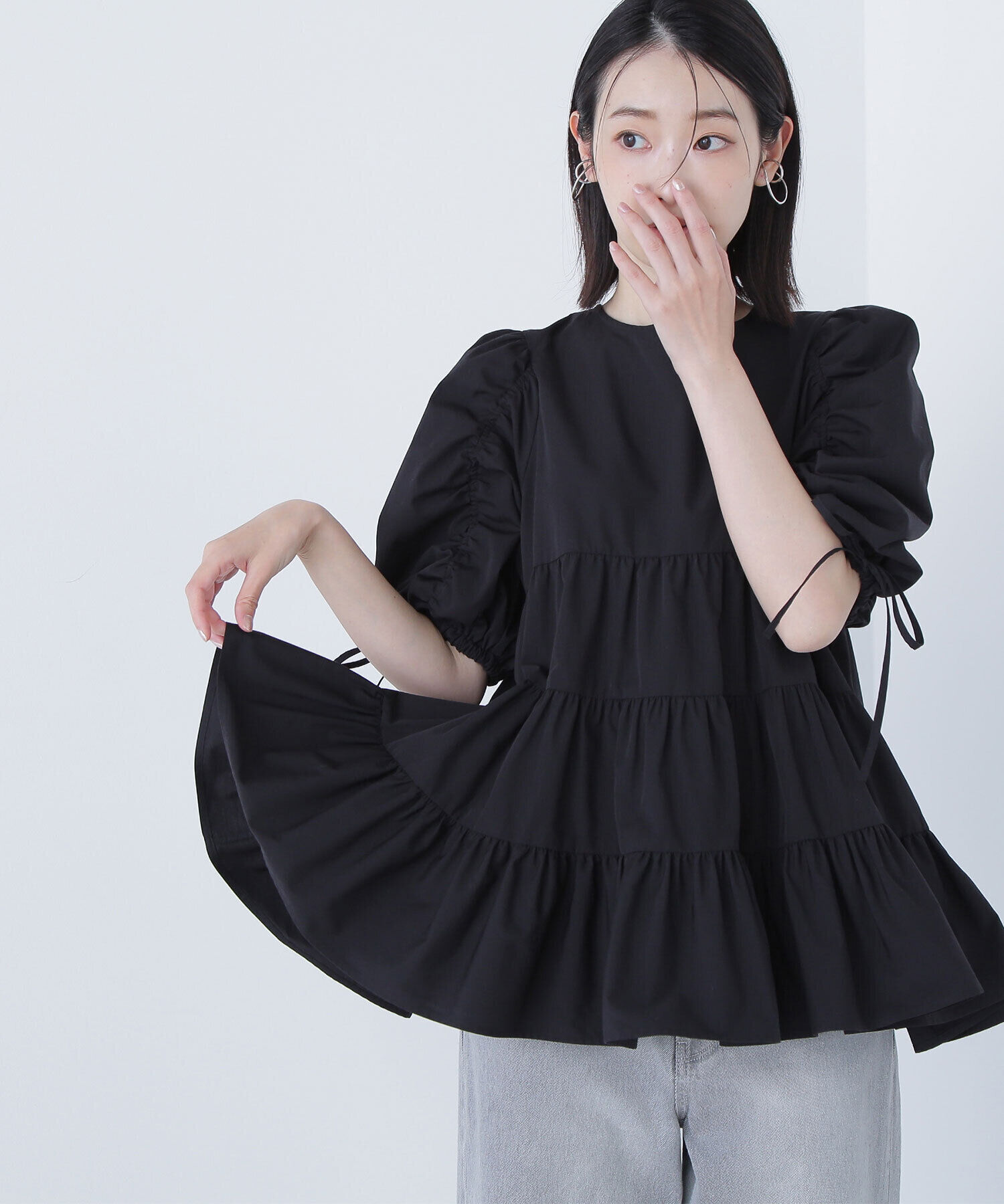  「ギャザースリーブティアードチュニックブラウス」|シャツ・ブラウス|ブラック