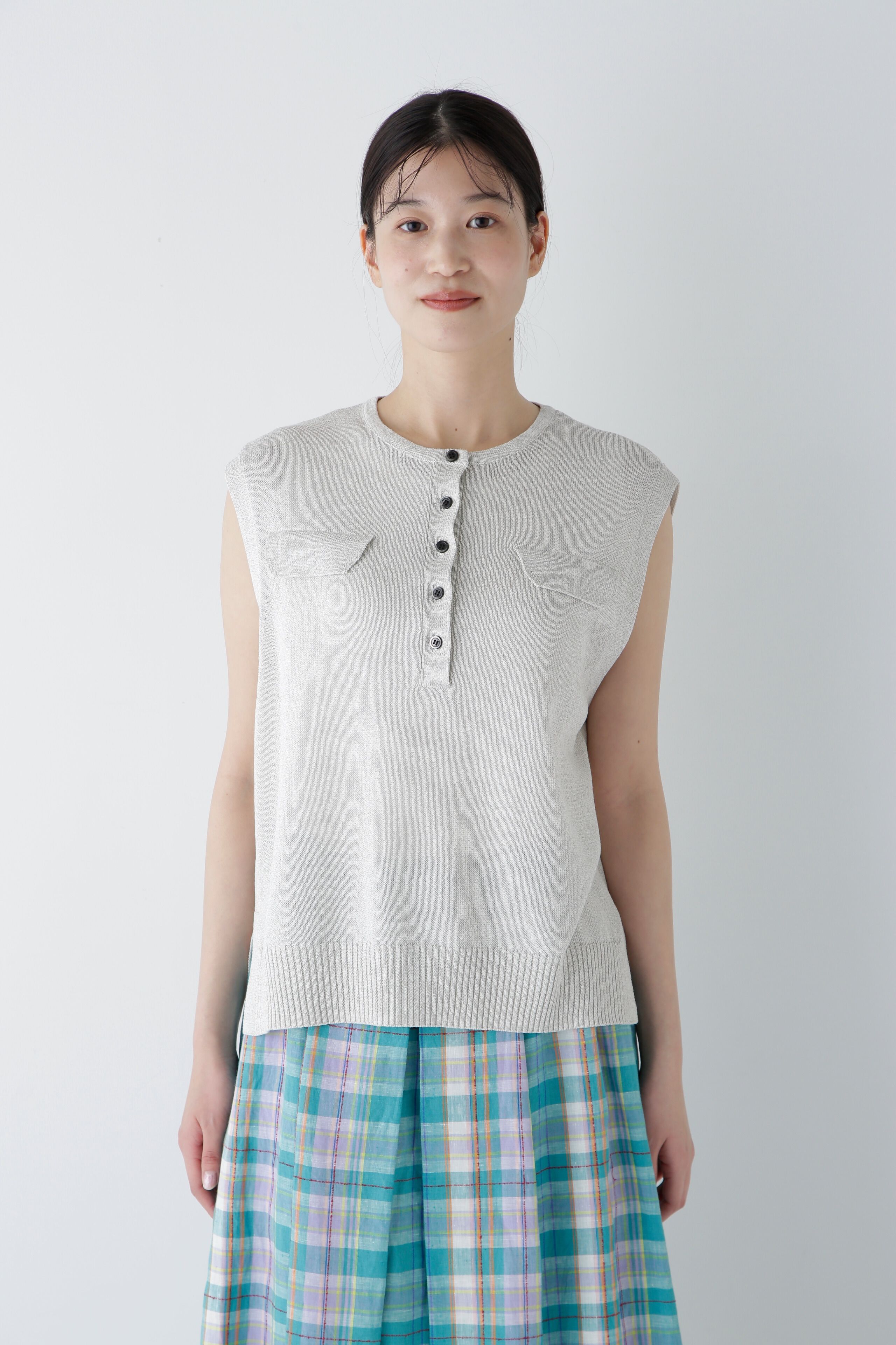  「◆【ウォッシャブル】ペーパーヤーンヘンリネックベスト」|ニット・セーター|