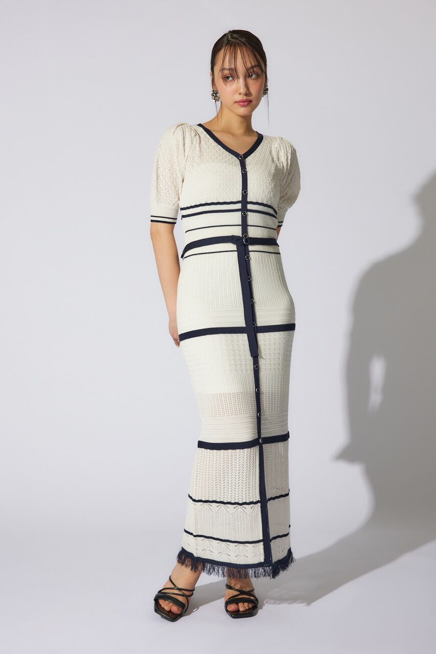 rienda「2WAYフリンジライン配色クロシェニットワンピース」|ワンピース|