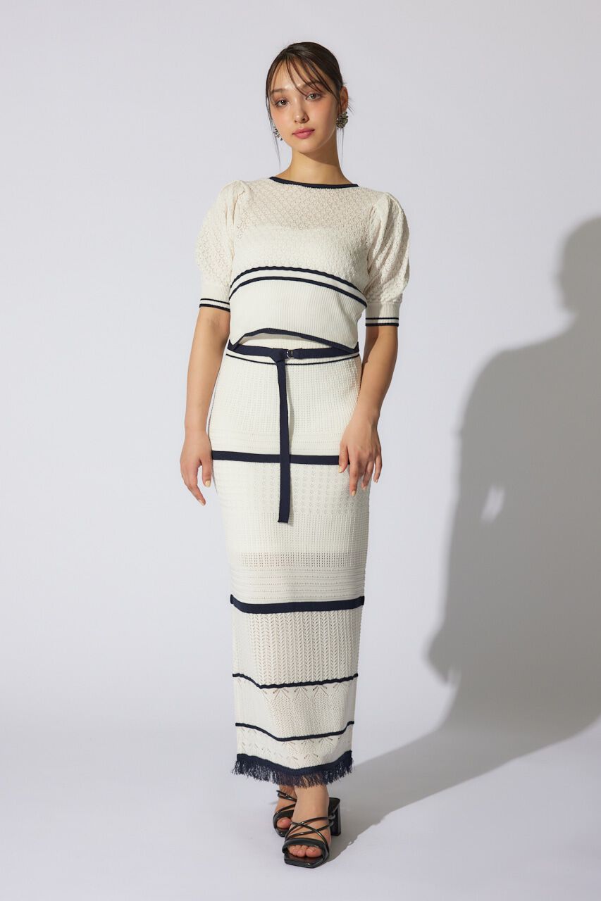 rienda「2WAYフリンジライン配色クロシェニットワンピース」|ワンピース|