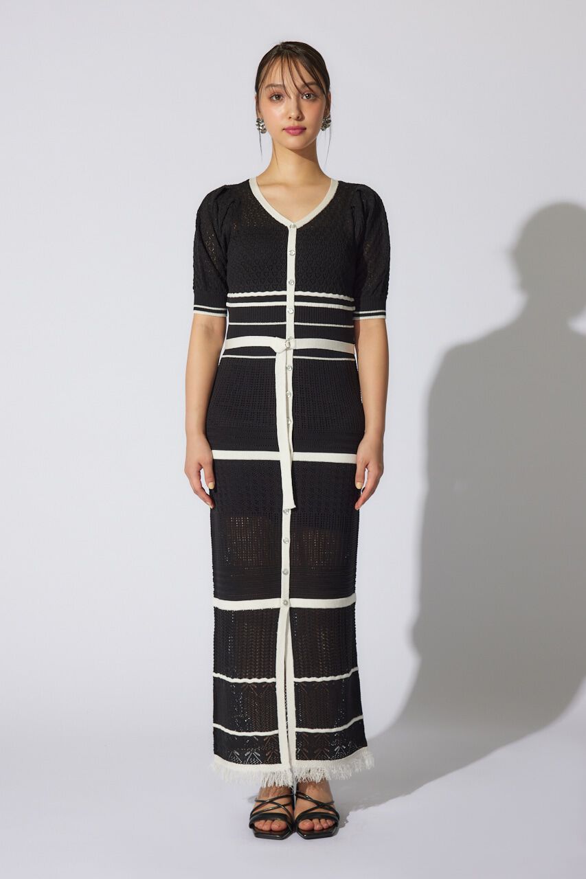 rienda「2WAYフリンジライン配色クロシェニットワンピース」|ワンピース|