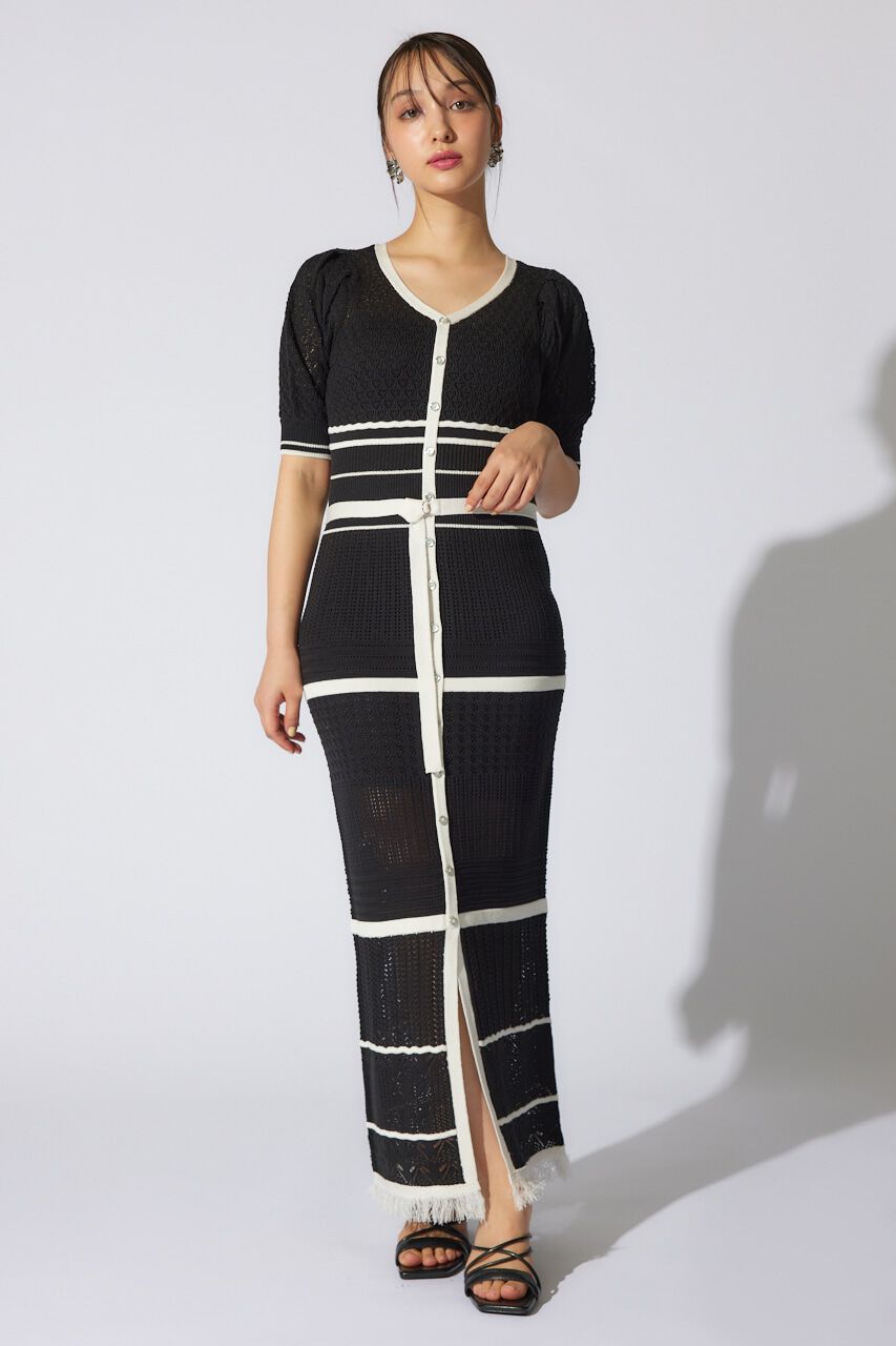 rienda「2WAYフリンジライン配色クロシェニットワンピース」|ワンピース|