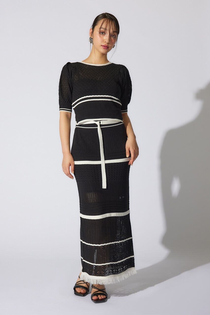 rienda「2WAYフリンジライン配色クロシェニットワンピース」|ワンピース|