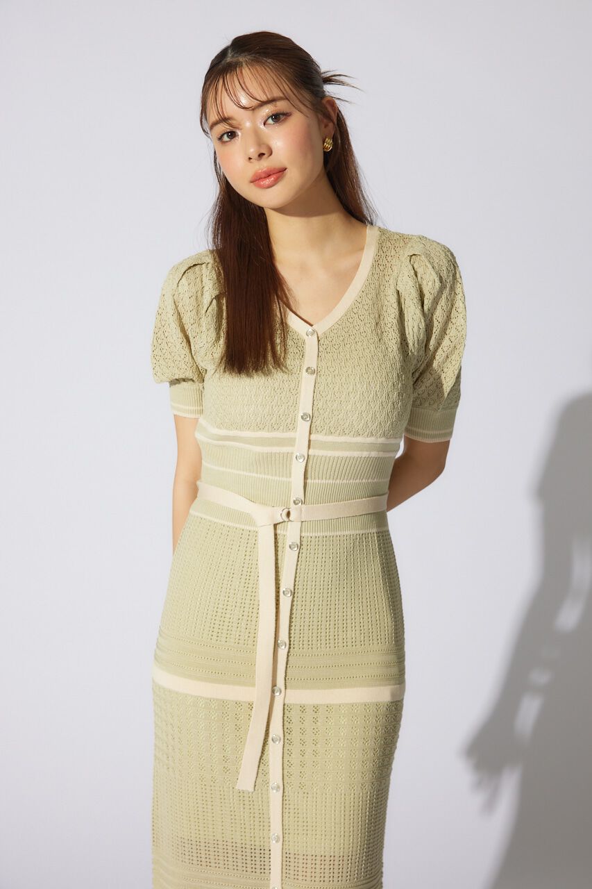 rienda「2WAYフリンジライン配色クロシェニットワンピース」|ワンピース|