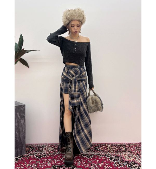 EVRIS「スリーブデザインチェックアシンメトリースカート」|スカート|