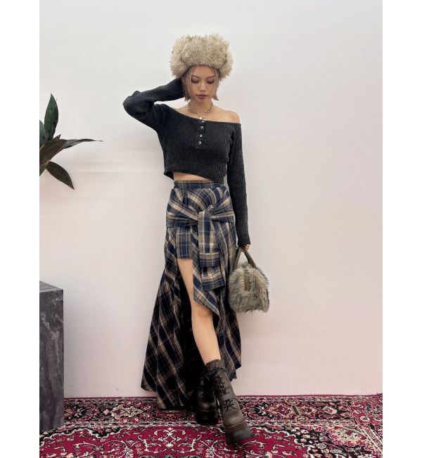 EVRIS「スリーブデザインチェックアシンメトリースカート」|スカート|