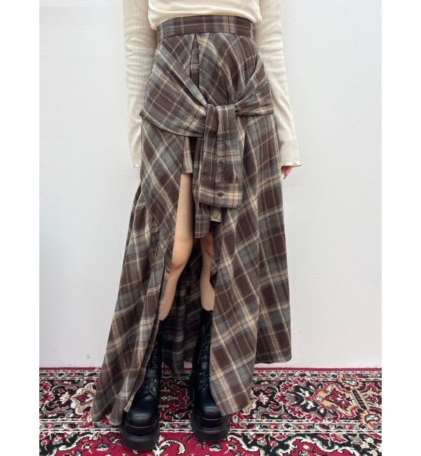 EVRIS「スリーブデザインチェックアシンメトリースカート」|スカート|ブラウン