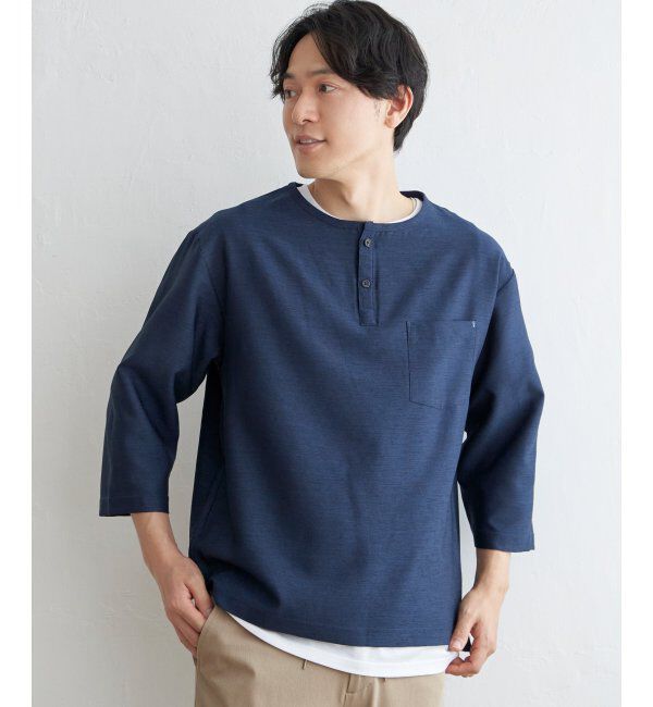 ikka「【イージーケア／吸水速乾】7分ヘンリーシャツTインナーセット【2点セット】」|シャツ・ブラウス|ネイビー