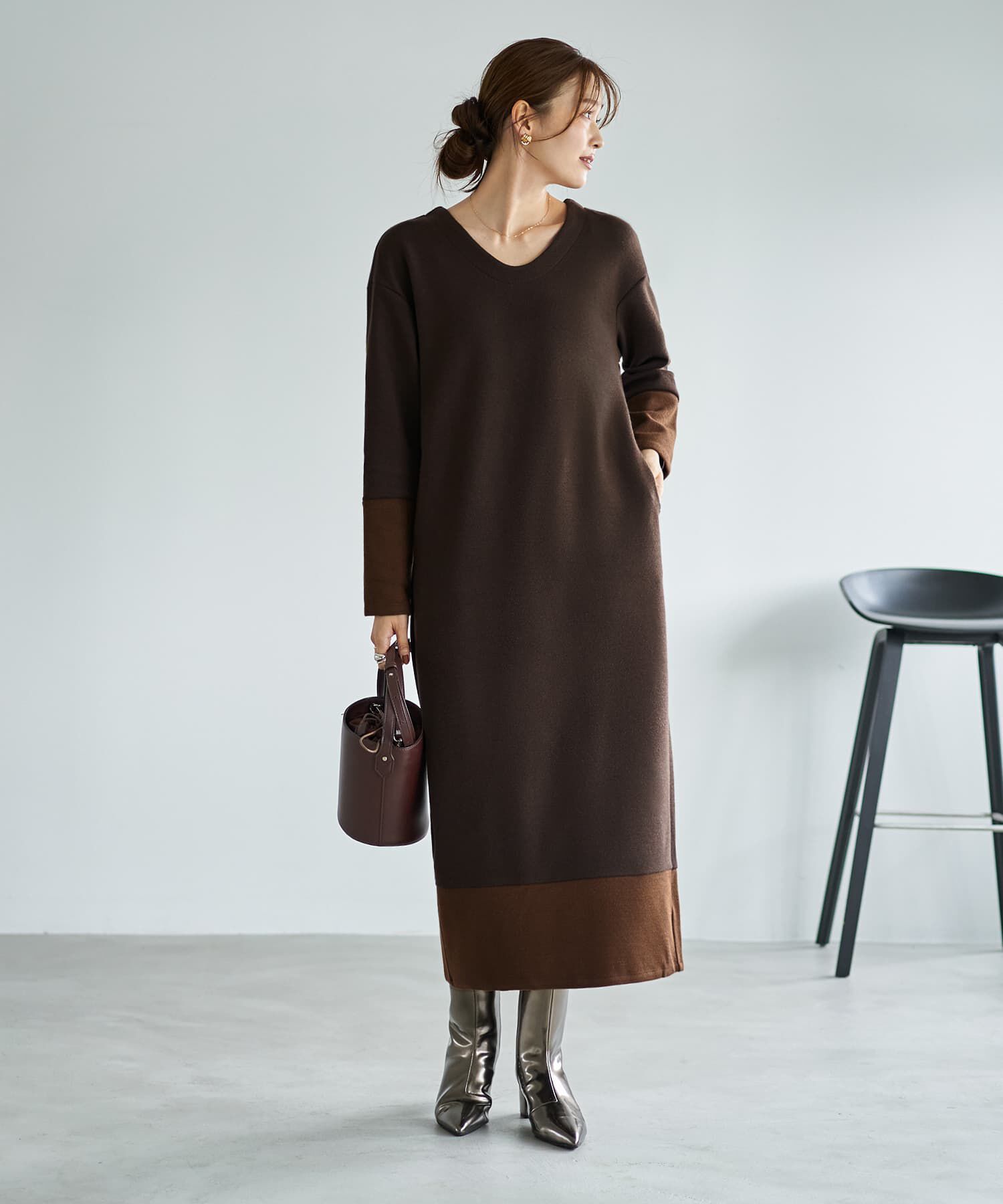 STYLE DELI「【MADE IN JAPAN】配色Uネックワンピース」|ワンピース|ブラウン