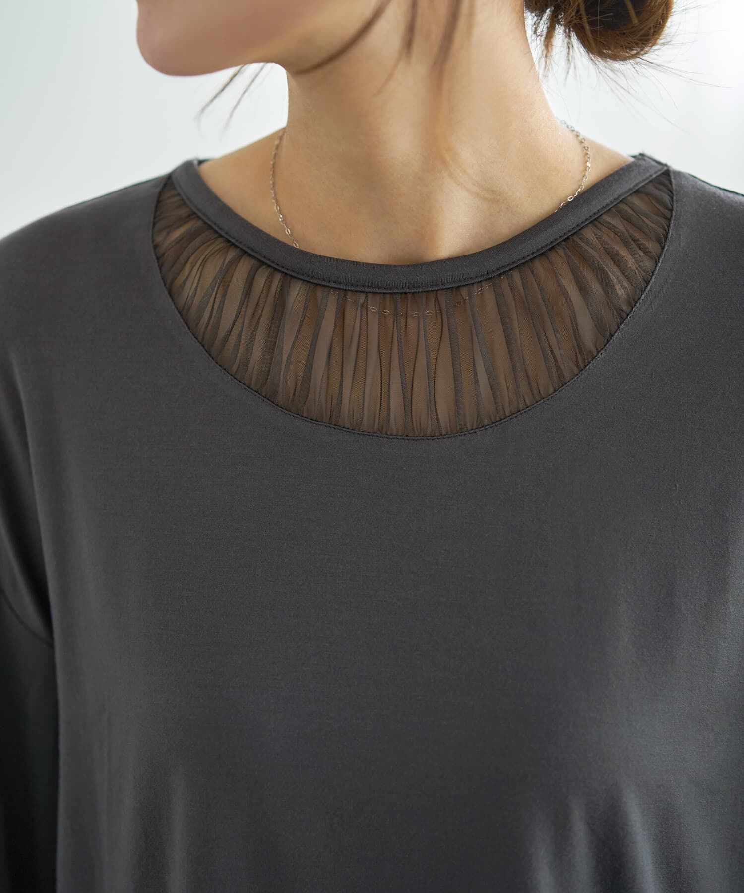 STYLE DELI「【Made in JAPAN】部分チュールのとろけるカットソートップス」|Tシャツ・カットソー|