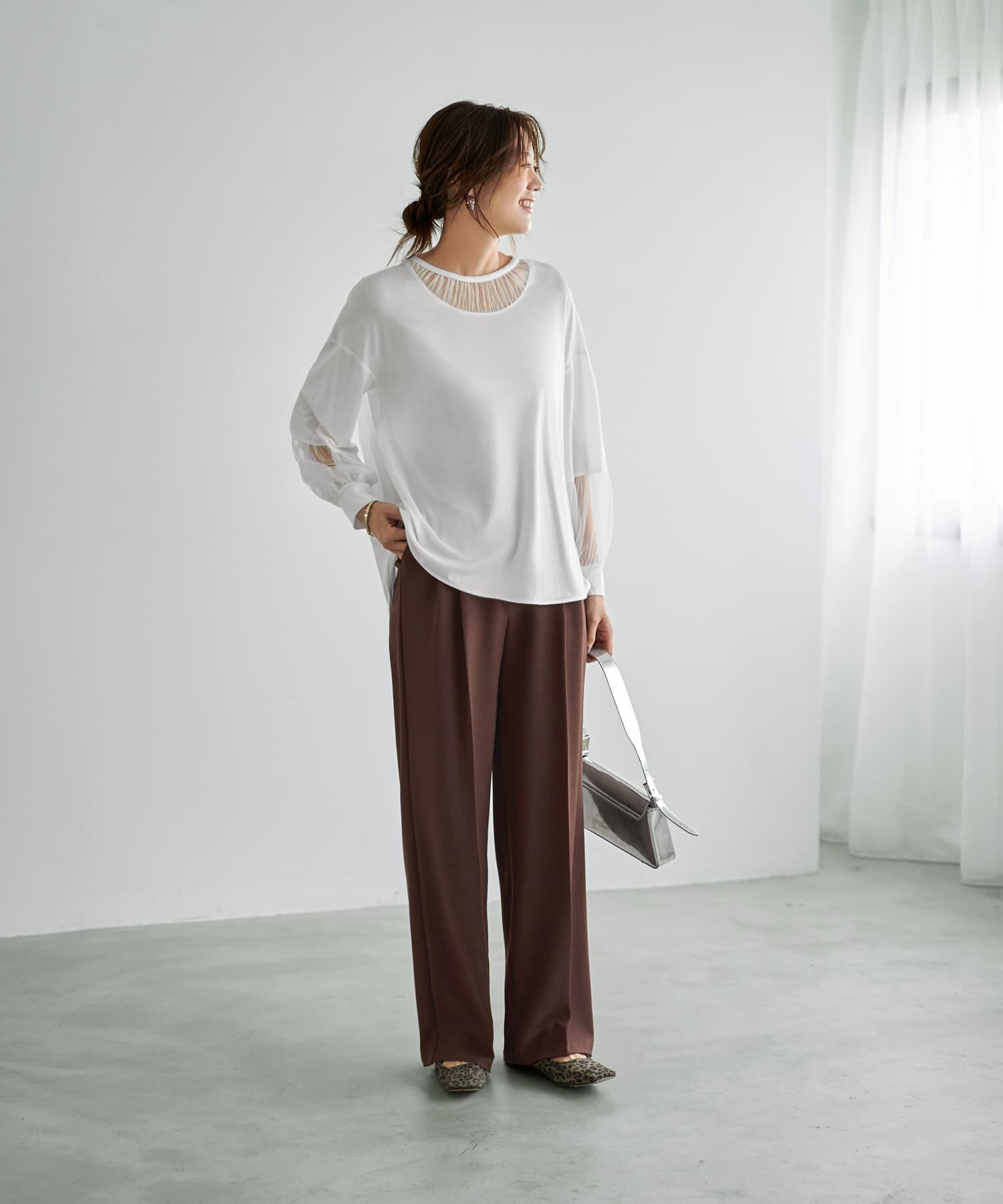 STYLE DELI「【Made in JAPAN】部分チュールのとろけるカットソートップス」|Tシャツ・カットソー|