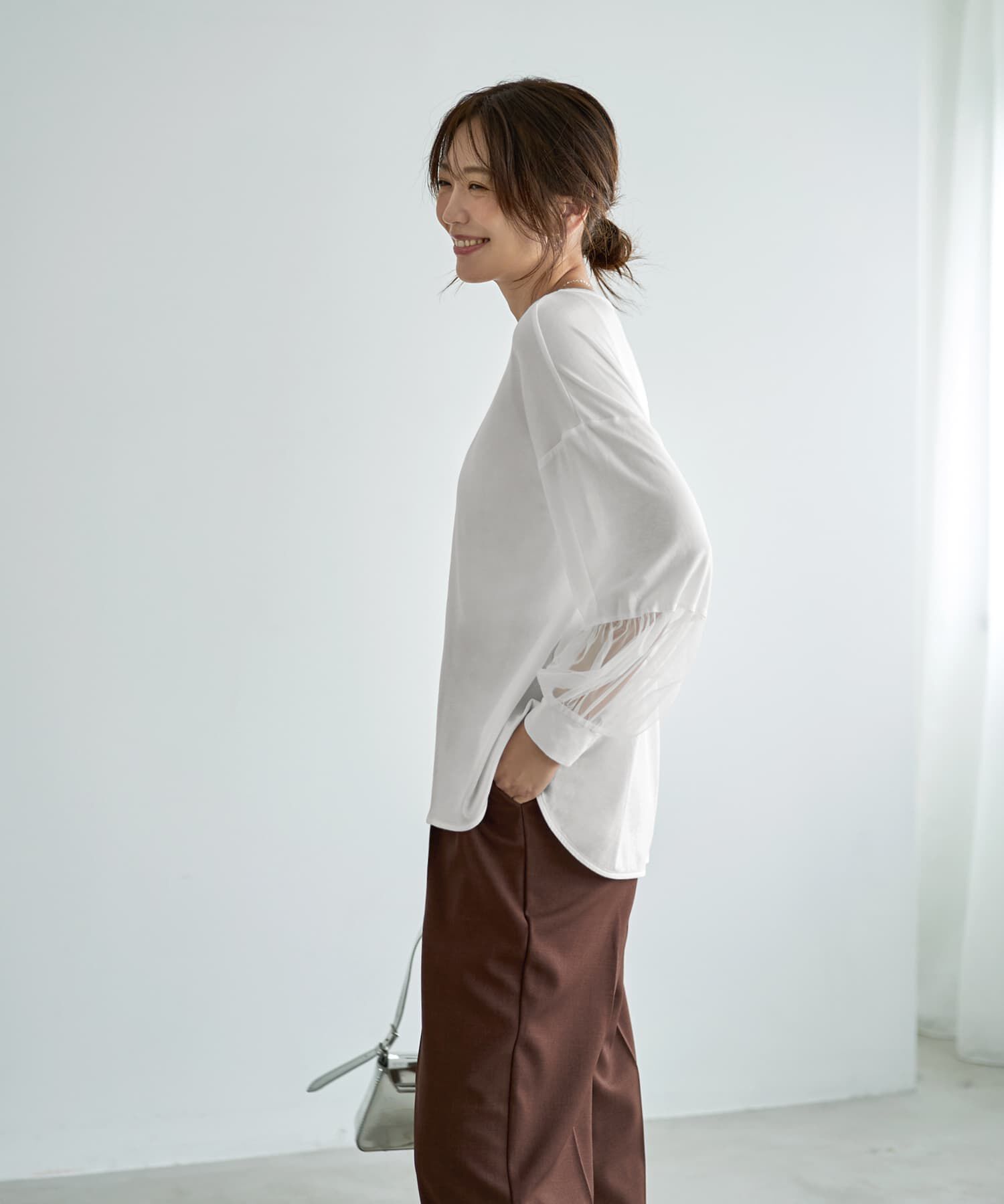 STYLE DELI「【Made in JAPAN】部分チュールのとろけるカットソートップス」|Tシャツ・カットソー|