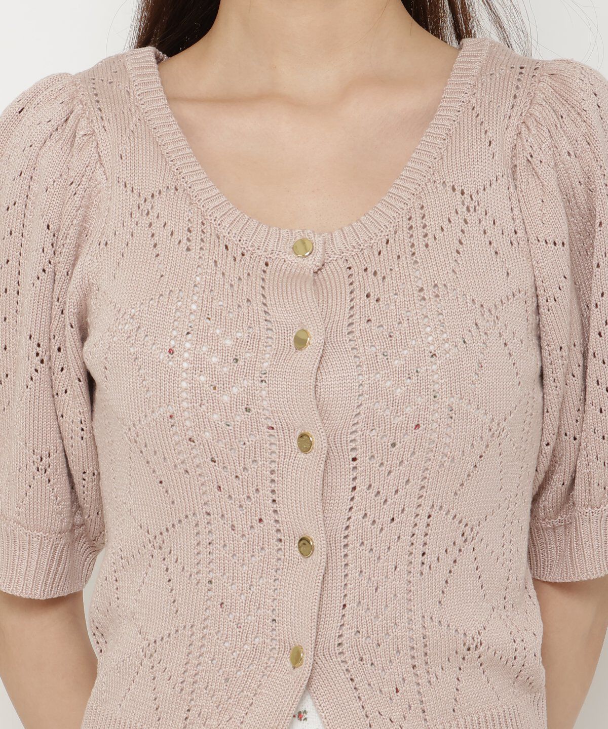 REDYAZEL「リボン柄クロシェ半袖カーディガン」|カーディガン|