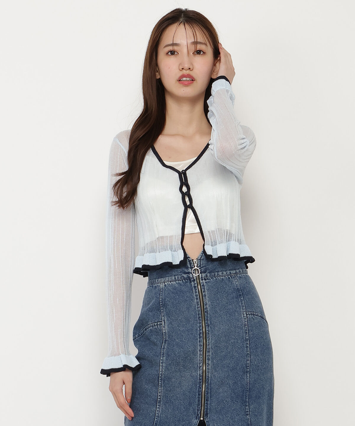 REDYAZEL「ヘム配色シアーカーディガン」|カーディガン|ブルー