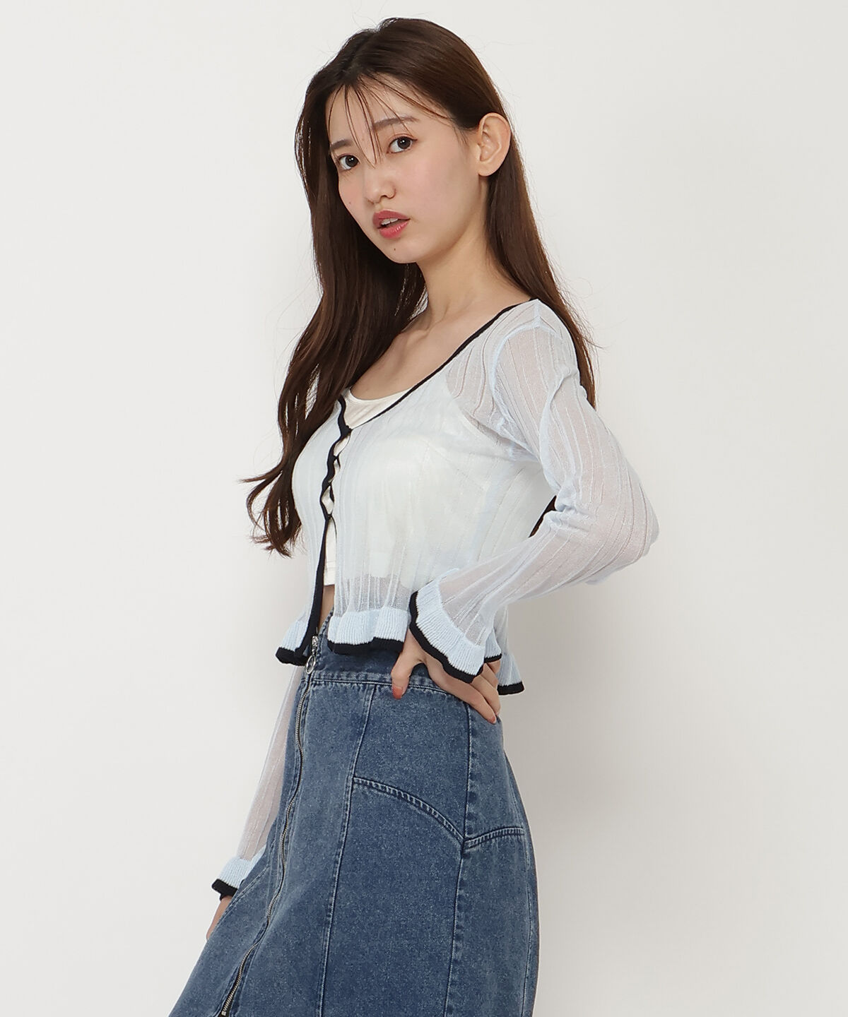 REDYAZEL「ヘム配色シアーカーディガン」|カーディガン|