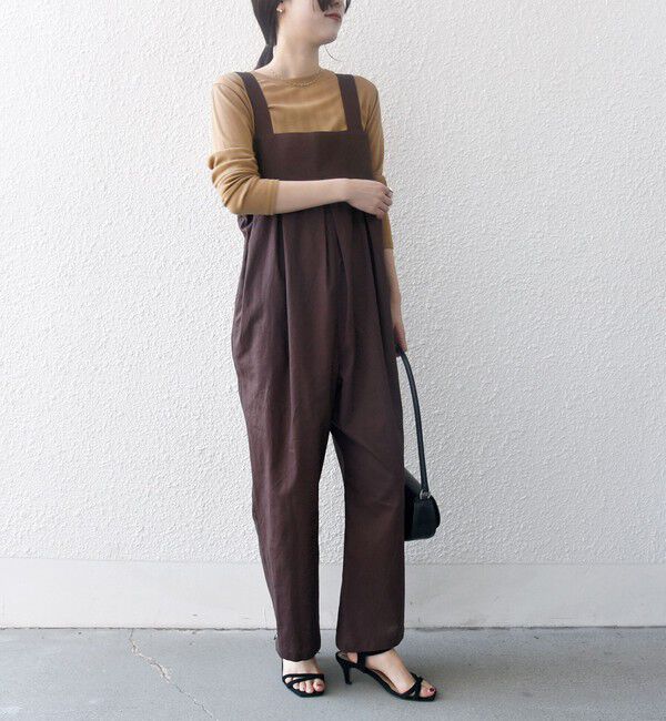 SHIPS any「SHIPS any:〈洗濯機可能〉リネン ミックス タック ワイド サロペット」|オールインワン|ブラウン