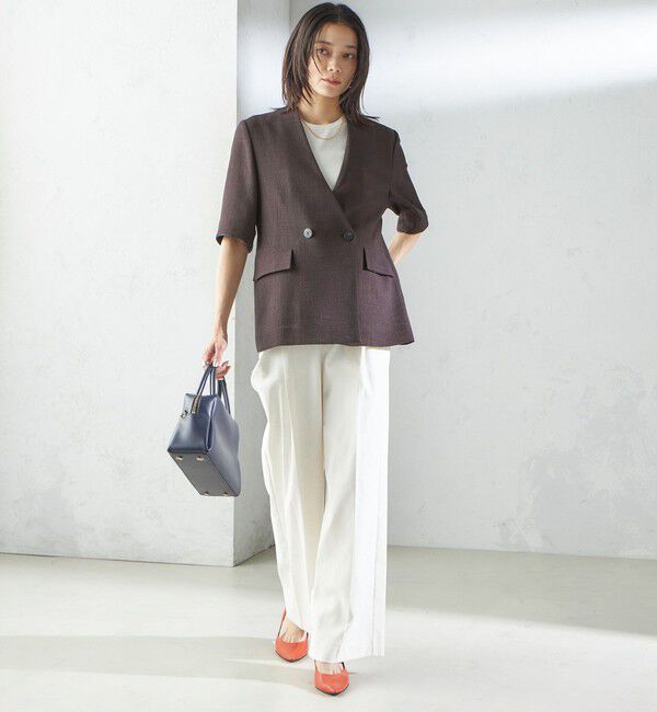 SHIPS for women「〈手洗い可能〉カラミ ノーラペル 半袖 ジャケット」|ノーカラージャケット|