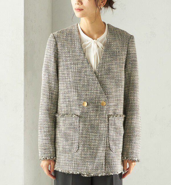 SHIPS for women「トライスピン 杢 ツイード カラーレス ジャケット（セレモニー対応可）」|ノーカラージャケット|