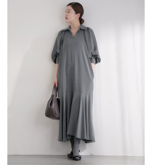 IENA「《予約》&NAVY メランジツイルギャザーワンピース」|ワンピース|グレー