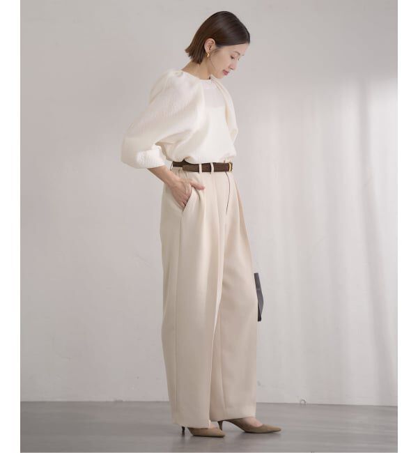 IENA「《予約》&NAVY 撥水ジョーゼットサイドゴムタックパンツ」|スラックス|