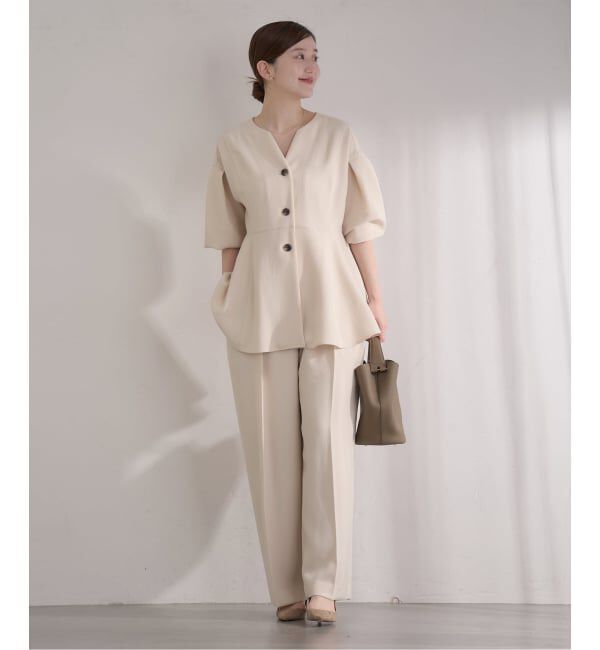 IENA「《予約》&NAVY 撥水ジョーゼットサイドゴムタックパンツ」|スラックス|