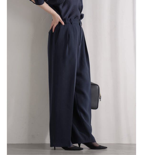 IENA「《予約》&NAVY 撥水ジョーゼットサイドゴムタックパンツ」|スラックス|