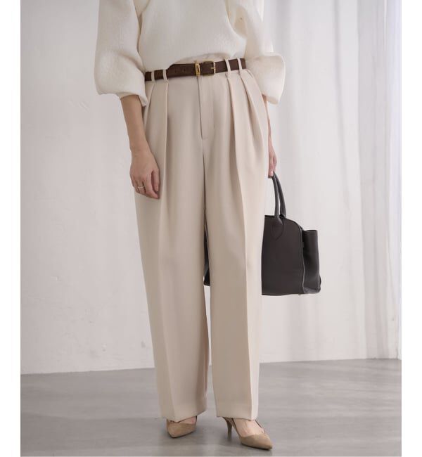 IENA「《予約》&NAVY 撥水ジョーゼットサイドゴムタックパンツ」|スラックス|