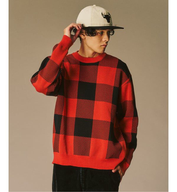 417 EDIFICE「カマルグチェック クルーネック」|ニット・セーター|レッド