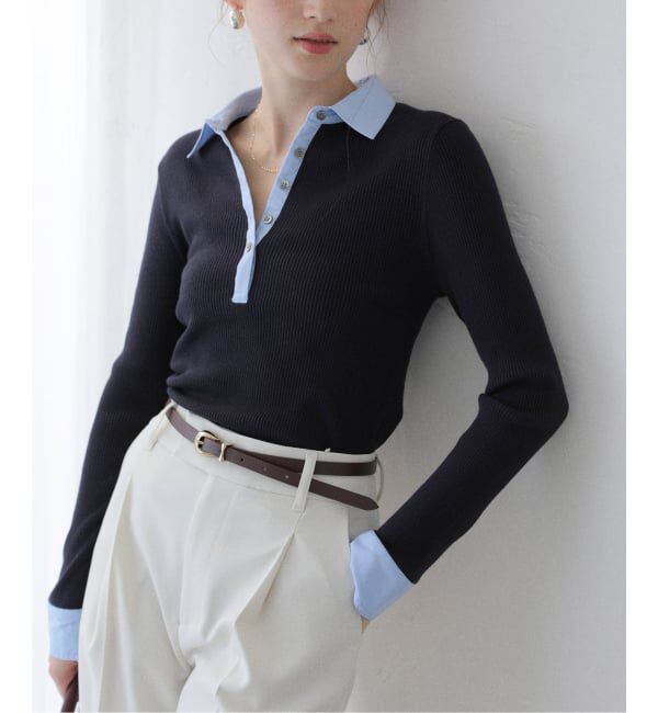  「【洗える】襟カフスドッキングニット」|ニット・セーター|ネイビー