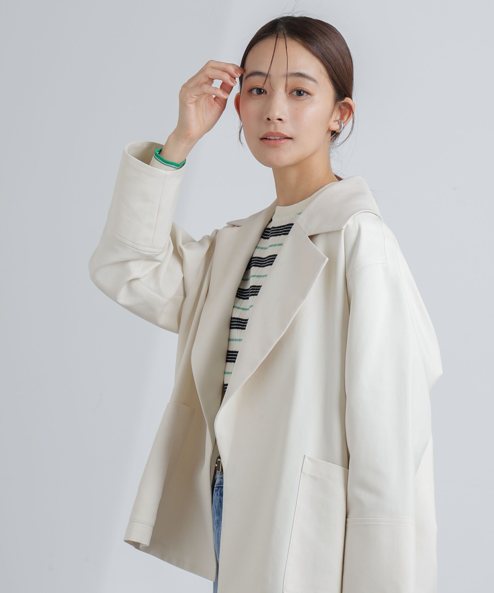 nano･universe「ミドル丈ビッグラペルコート」|トレンチコート|オフホワイト1