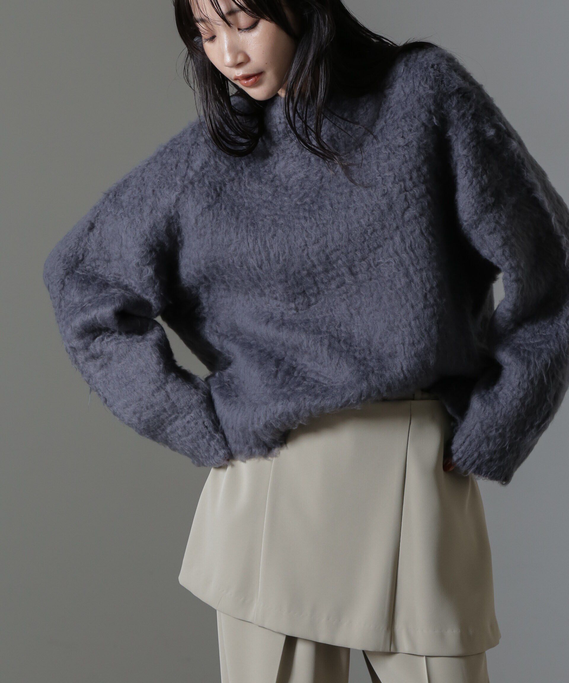 nano･universe「カール起毛クルーネックニット」|ニット・セーター|チャコール3
