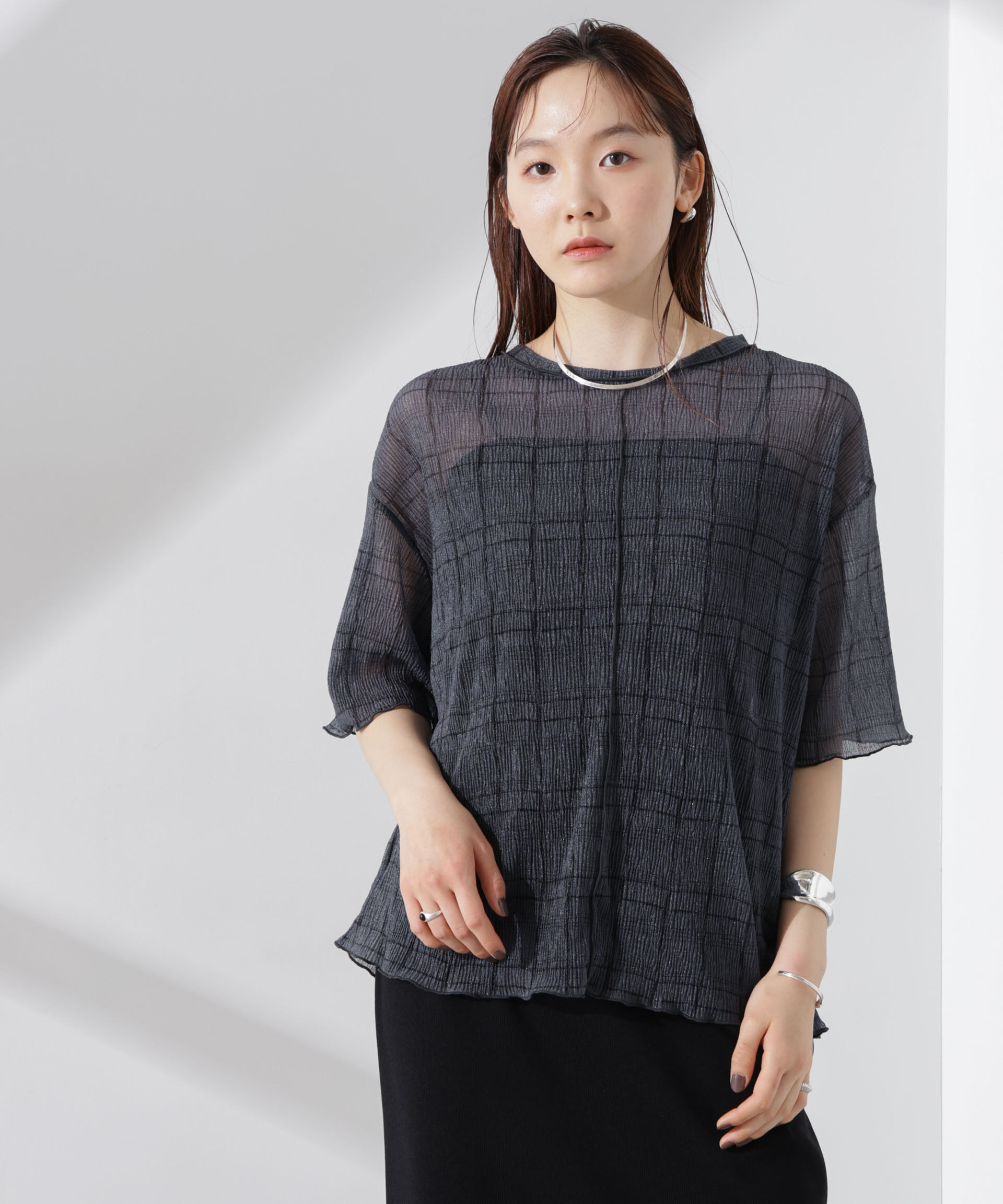 nano･universe「楊柳チェックシアーカットTシャツ」|Tシャツ・カットソー|