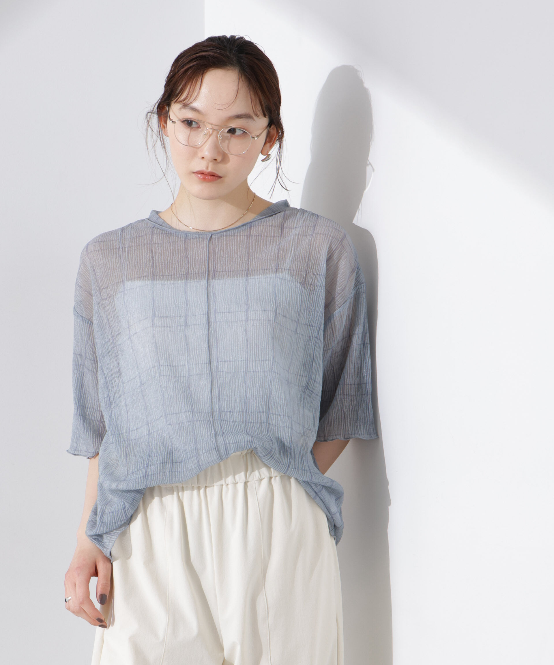 nano･universe「楊柳チェックシアーカットTシャツ」|Tシャツ・カットソー|ブルー