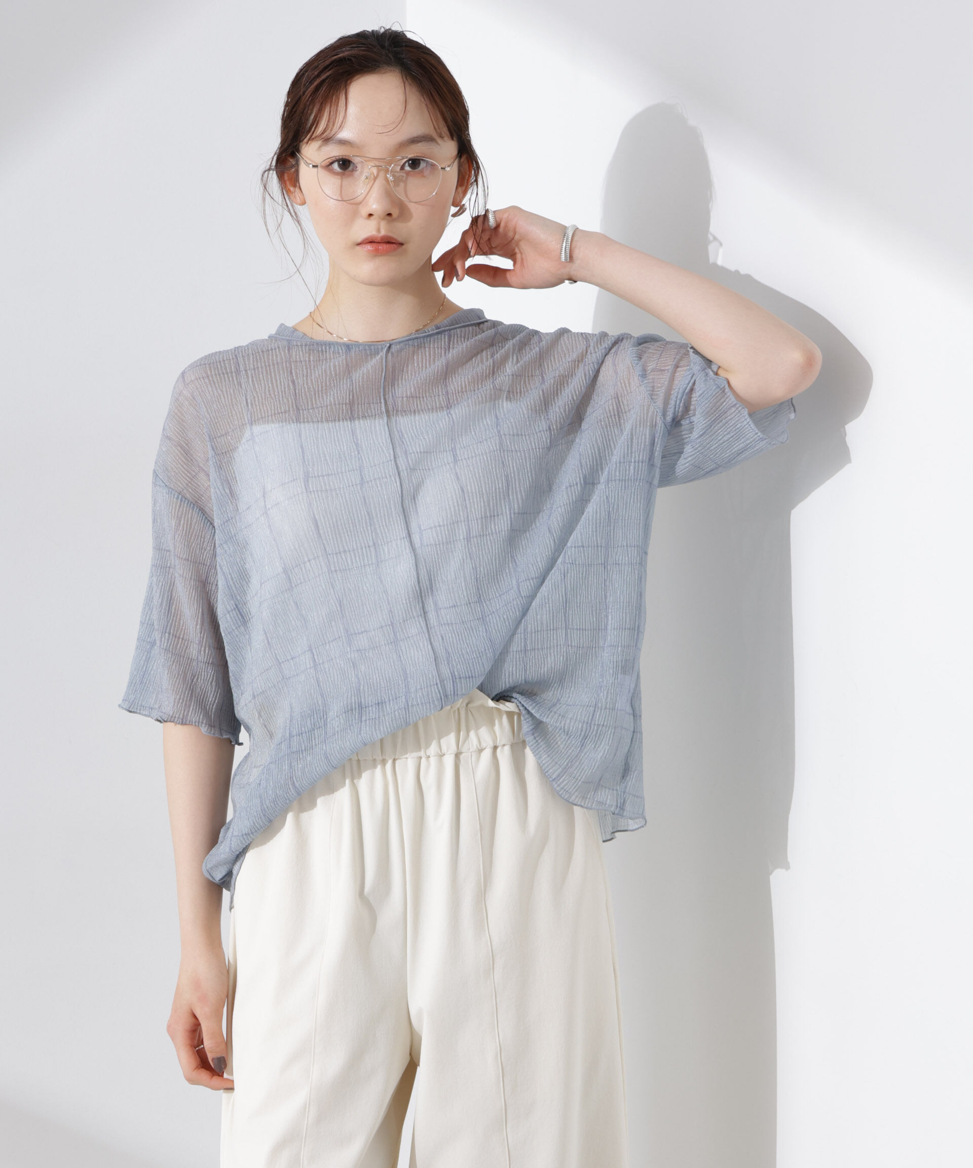 nano･universe「楊柳チェックシアーカットTシャツ」|Tシャツ・カットソー|