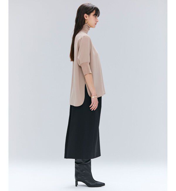 BEIGE,「【洗える】FLEUR / ニットコンビハイネック半袖ブラウス」|シャツ・ブラウス|