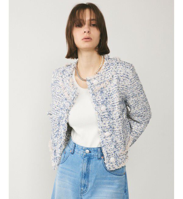 GRACE CONTINENTAL「フリンジツイードジャケット」|ノーカラージャケット|ブルー