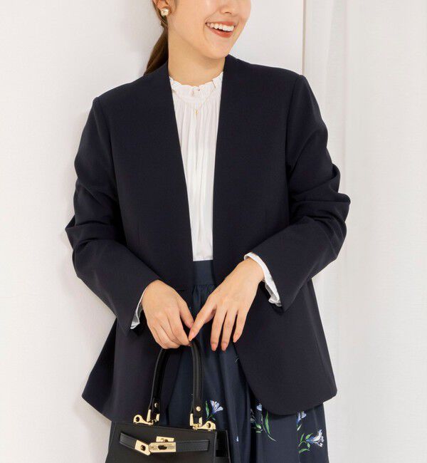 NOLLEY'S「《セットアップ対応》ウォッシャブルダブルクロスVネックジャケット」|ノーカラージャケット|ネイビー