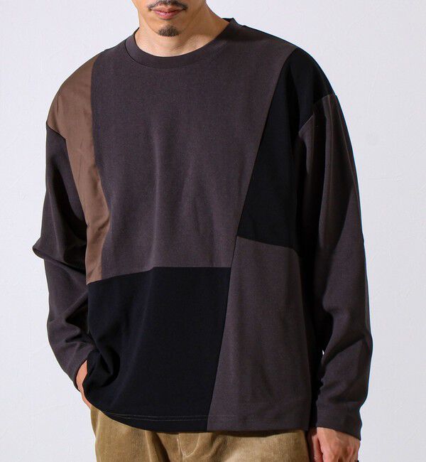 GLOSTER「【異素材MIXで着映え】カットジョーゼット パネル切替ロンT」|Tシャツ・カットソー|ダークブラウン