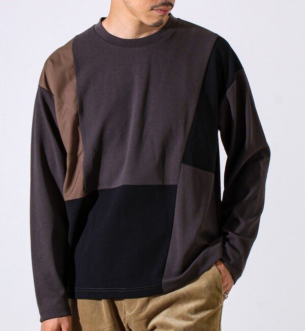 GLOSTER「【異素材MIXで着映え】カットジョーゼット パネル切替ロンT」|Tシャツ・カットソー|